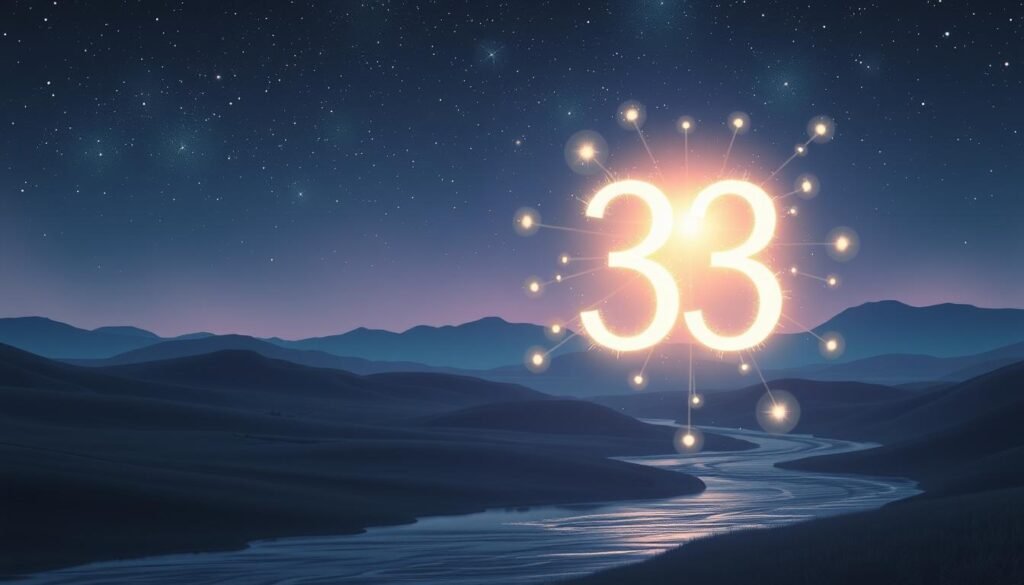 A serene, mystical scene set under a starlit night sky, enveloped in shades of deep blue and purple, suggests a sense of wonder and introspection. In the foreground, a softly glowing number "333" made of luminous energy pulses with light, symbolizing positivity and spiritual awakening. Surrounding it, ethereal orbs of light float, representing the presence of guardian angels or protective forces. The middle ground features a tranquil landscape with gentle hills and a flowing river reflecting the celestial light, imbuing the atmosphere with peace and hope. In the background, silhouettes of distant mountains add depth to the sacred ambiance. The soft, diffused lighting creates a dreamlike quality, inviting viewers to reflect on the significance of seeing 333 in their lives. The overall mood is uplifting and contemplative, encouraging a connection to the spiritual realm. A serene, mystical scene set under a starlit night sky, enveloped in shades of deep blue and purple, suggests a sense of wonder and introspection. In the foreground, a softly glowing number "333" made of luminous energy pulses with light, symbolizing positivity and spiritual awakening. Surrounding it, ethereal orbs of light float, representing the presence of guardian angels or protective forces. The middle ground features a tranquil landscape with gentle hills and a flowing river reflecting the celestial light, imbuing the atmosphere with peace and hope. In the background, silhouettes of distant mountains add depth to the sacred ambiance. The soft, diffused lighting creates a dreamlike quality, inviting viewers to reflect on the significance of seeing 333 in their lives. The overall mood is uplifting and contemplative, encouraging a connection to the spiritual realm.