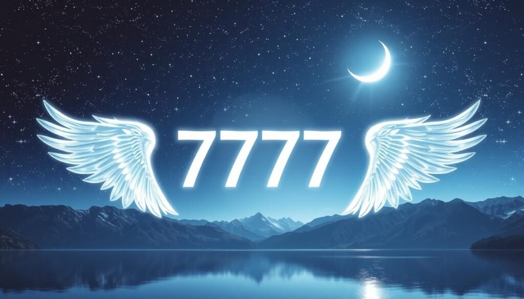 A serene night sky filled with shimmering stars, presenting the angel number 777 illuminated in brilliant white light. In the foreground, graceful ethereal wings extend outward, symbolizing protection and divine guidance. The middle of the scene features a softly glowing aura surrounding the number, casting gentle reflections on a tranquil lake below. In the background, majestic mountains rise against the horizon, under a crescent moon that softly bathes the landscape in a calming blue hue. The atmosphere evokes a sense of peace, harmony, and spiritual enlightenment, inviting the viewer to explore the significance of the number. The image should be captured with a wide-angle lens to enhance the depth and grandeur of the scene, with soft, diffused lighting to create a dreamlike effect. A serene night sky filled with shimmering stars, presenting the angel number 777 illuminated in brilliant white light. In the foreground, graceful ethereal wings extend outward, symbolizing protection and divine guidance. The middle of the scene features a softly glowing aura surrounding the number, casting gentle reflections on a tranquil lake below. In the background, majestic mountains rise against the horizon, under a crescent moon that softly bathes the landscape in a calming blue hue. The atmosphere evokes a sense of peace, harmony, and spiritual enlightenment, inviting the viewer to explore the significance of the number. The image should be captured with a wide-angle lens to enhance the depth and grandeur of the scene, with soft, diffused lighting to create a dreamlike effect.