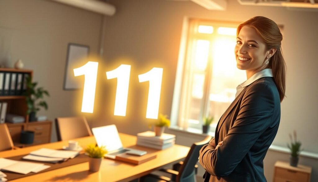 A serene office environment depicting the essence of angel number 111's significance in career and finances. In the foreground, a confident businesswoman in professional attire, smiling gently while looking at a glowing number "111" manifesting softly above her workspace. In the middle ground, a modern desk cluttered with business documents, a laptop, and a small potted plant, suggesting prosperity and growth. The background features a bright window with warm sunlight illuminating the room, casting soft shadows. The atmosphere exudes positivity and motivation, symbolizing opportunities and new beginnings in one's career path. The lens should capture the scene from a slightly elevated angle, showcasing both the subject's expression and the symbolism of the number in a clear, inviting light. A serene office environment depicting the essence of angel number 111's significance in career and finances. In the foreground, a confident businesswoman in professional attire, smiling gently while looking at a glowing number "111" manifesting softly above her workspace. In the middle ground, a modern desk cluttered with business documents, a laptop, and a small potted plant, suggesting prosperity and growth. The background features a bright window with warm sunlight illuminating the room, casting soft shadows. The atmosphere exudes positivity and motivation, symbolizing opportunities and new beginnings in one's career path. The lens should capture the scene from a slightly elevated angle, showcasing both the subject's expression and the symbolism of the number in a clear, inviting light.
