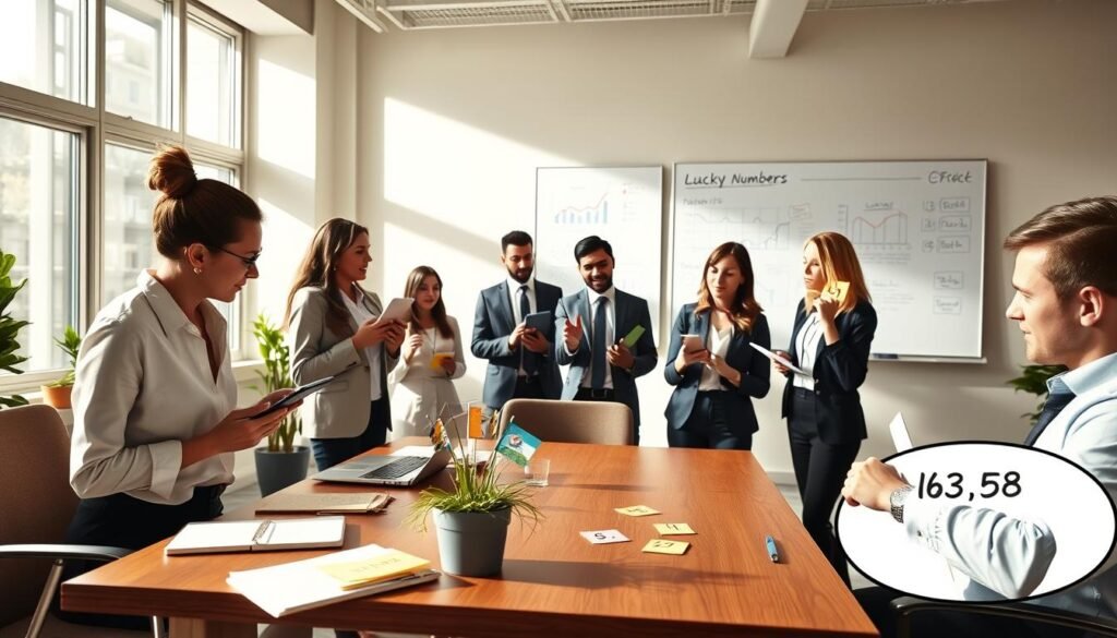 A serene office space illuminated by soft, natural light filtering through large windows, creating a warm and inviting atmosphere. In the foreground, a diverse group of people dressed in professional business attire are engaged in lively discussions, with each person considering various lucky numbers on their notebooks and digital devices. The middle ground features a stylish desk adorned with a small plant, a laptop displaying a calendar, and colorful sticky notes labeled with different lucky numbers. In the background, a large whiteboard displays charts and graphs, reflecting decision-making processes influenced by these lucky numbers. The overall mood is one of collaboration and inspiration, emphasizing how these numbers shape daily choices and interactions in a workplace setting. The angle is slightly elevated, providing a clear view of the group dynamics and their focus on the concept of luck. A serene office space illuminated by soft, natural light filtering through large windows, creating a warm and inviting atmosphere. In the foreground, a diverse group of people dressed in professional business attire are engaged in lively discussions, with each person considering various lucky numbers on their notebooks and digital devices. The middle ground features a stylish desk adorned with a small plant, a laptop displaying a calendar, and colorful sticky notes labeled with different lucky numbers. In the background, a large whiteboard displays charts and graphs, reflecting decision-making processes influenced by these lucky numbers. The overall mood is one of collaboration and inspiration, emphasizing how these numbers shape daily choices and interactions in a workplace setting. The angle is slightly elevated, providing a clear view of the group dynamics and their focus on the concept of luck.