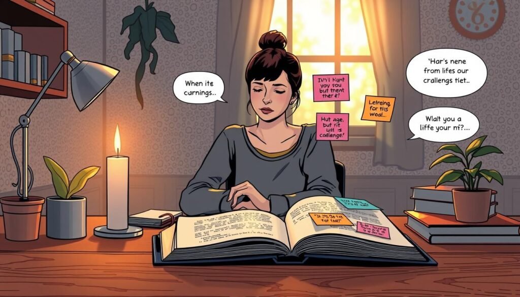 A serene, reflective scene capturing the essence of turning 25, illustrated through a young adult sitting at a desk, immersed in books and notes, symbolizing learning from life’s challenges. Foreground features a warm wooden desk adorned with an open book, a lit candle, and a potted plant. The middle ground shows the individual, a young woman in modest casual clothing, deeply focused, with a thoughtful expression, surrounded by colorful sticky notes filled with motivational quotes. The background showcases a softly lit room with a textured wall and a window letting in soft, golden morning light, enhancing the atmosphere of contemplation and growth. The image should evoke feelings of inspiration and resilience, with a gentle bokeh effect to keep focus on the subject while suggesting a broader journey of discovery.