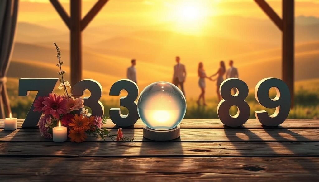 A serene scene depicting a collection of iconic lucky numbers, such as 7, 3, 8, and 9, arranged artistically on an aged wooden table. In the foreground, a delicate arrangement of vibrant flowers and candles represents the positive energy associated with luck. The middle ground showcases a beautiful crystal ball emitting a soft glow, with faint figures of people dressed in smart casual attire, reflecting on their beliefs about luck. In the background, a gentle, dreamy landscape with rolling hills and a golden sunset adds warmth and optimism to the atmosphere. The lighting is soft and inviting, creating an enchanting mood, suggesting the significance and allure behind lucky numbers. Capture this in a slightly elevated angle to give depth.
