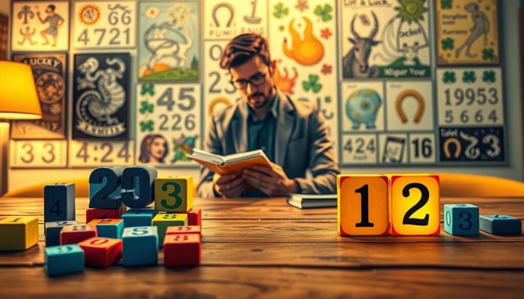 A serene scene depicting the concept of lucky numbers in life. In the foreground, a wooden table is adorned with various colorful number blocks, particularly highlighting the number 12, which glows slightly, symbolizing its significance. In the middle ground, a thoughtful person, wearing smart casual attire, studies a notebook filled with numerology notes, surrounded by symbols representing luck, like four-leaf clovers and horseshoes. The background features a soft-focus wall covered in art depicting various cultural beliefs about lucky numbers, with warm, golden lighting creating an inviting atmosphere. The scene conveys a sense of curiosity and enlightenment, inviting viewers to explore the meaning behind lucky numbers.
