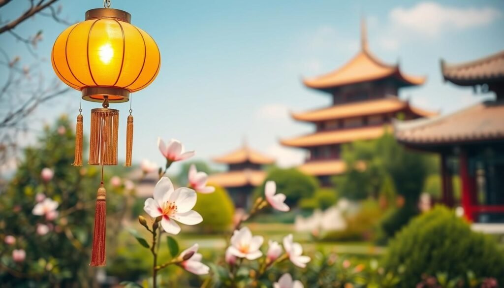A serene scene depicting the cultural significance of the number 3 in Chinese culture. In the foreground, an elegant Chinese lantern with three ornate tassels hangs gracefully, reflecting soft warm yellow light. The middle ground features a lush garden adorned with three blooming plum blossoms, their delicate petals a soft pink, symbolizing prosperity and good fortune. In the background, a gentle blur of traditional Chinese architecture, like pagodas, lingers beneath a clear blue sky. The atmosphere is calm and auspicious, evoking a sense of celebration and harmony. The image should be captured with a slightly aerial angle to emphasize the juxtaposition of natural beauty and cultural elements, enhancing the sentiment of good luck associated with the number 3.