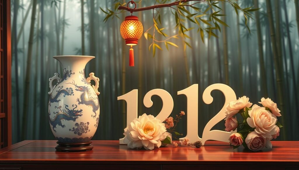 A serene scene depicting the number 12 artistically represented in a Chinese cultural context. In the foreground, an elegant white porcelain vase adorned with intricate blue and gold dragon motifs sits atop a traditional wooden table. The number 12 is elegantly crafted in calligraphy beside the vase, surrounded by fresh peonies and chrysanthemums, symbolizing prosperity and longevity. In the middle ground, a softly glowing lantern hangs from a tree branch, casting warm light that creates gentle shadows. In the background, a peaceful bamboo forest offers depth, with mist rising softly, enhancing the tranquil atmosphere. The lighting is warm and inviting, reminiscent of a traditional Chinese celebration ambiance. The composition conveys a balance of harmony and auspiciousness, reflecting the special significance of numbers in Chinese culture. A serene scene depicting the number 12 artistically represented in a Chinese cultural context. In the foreground, an elegant white porcelain vase adorned with intricate blue and gold dragon motifs sits atop a traditional wooden table. The number 12 is elegantly crafted in calligraphy beside the vase, surrounded by fresh peonies and chrysanthemums, symbolizing prosperity and longevity. In the middle ground, a softly glowing lantern hangs from a tree branch, casting warm light that creates gentle shadows. In the background, a peaceful bamboo forest offers depth, with mist rising softly, enhancing the tranquil atmosphere. The lighting is warm and inviting, reminiscent of a traditional Chinese celebration ambiance. The composition conveys a balance of harmony and auspiciousness, reflecting the special significance of numbers in Chinese culture.