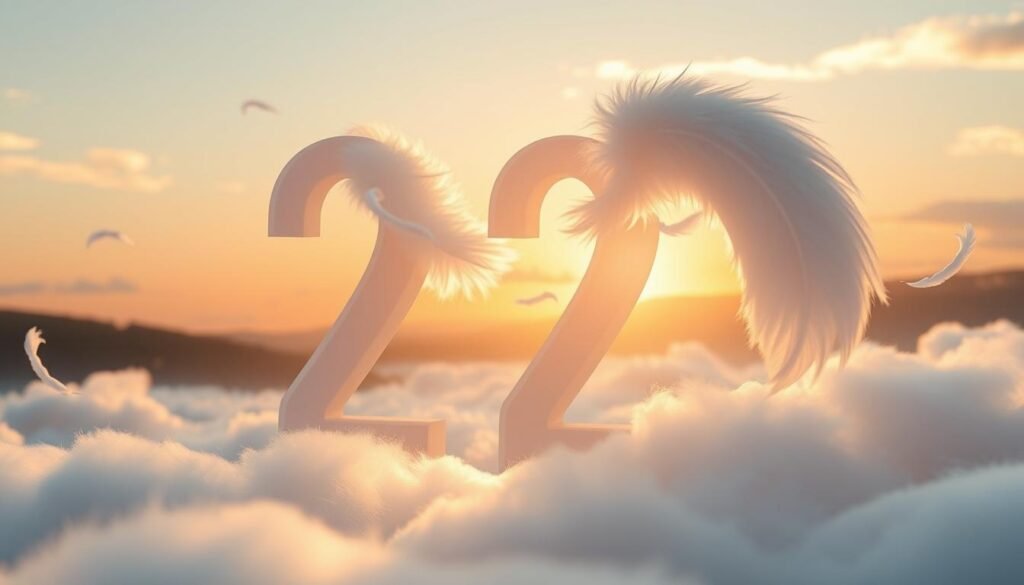 A serene scene featuring the angel number 222 prominently displayed in the foreground, rendered in soft, glowing light. Surrounding the number, ethereal white feathers float gently, symbolizing angelic protection and guidance. In the middle ground, a tranquil sky transitions from a gentle pastel blue to warm sunset hues, suggesting a sense of calm and positivity. Silhouetted against the sky, abstract shapes of clouds form soft, fluid designs, reinforcing the feeling of serenity. In the background, a distant landscape of rolling hills and trees softly lit by golden sunlight enhances the peaceful ambiance. The overall mood is uplifting and harmonious, encapsulating the essence of angelic messages. The scene should be depicted with soft focus and natural lighting, creating a dreamlike atmosphere.
