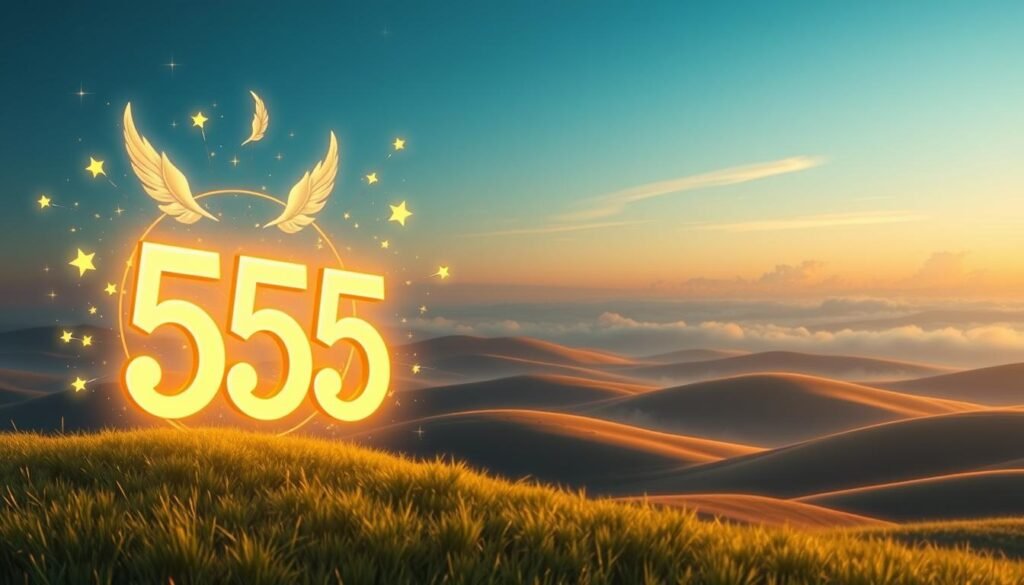 A serene scene illustrating the concept of angel number 555, featuring a large, luminous number "555" in the foreground, radiating soft, golden light. Surround it with ethereal, glowing angelic symbols and celestial motifs, such as feathers and stars, to represent guidance and divinity. In the middle ground, include a tranquil landscape with rolling hills and a clear blue sky, bathed in the warm hues of dawn. The background consists of gentle, wispy clouds, adding a sense of depth and peace. Use soft, diffused lighting to create a calming atmosphere. The composition should evoke feelings of hope, transformation, and positivity.