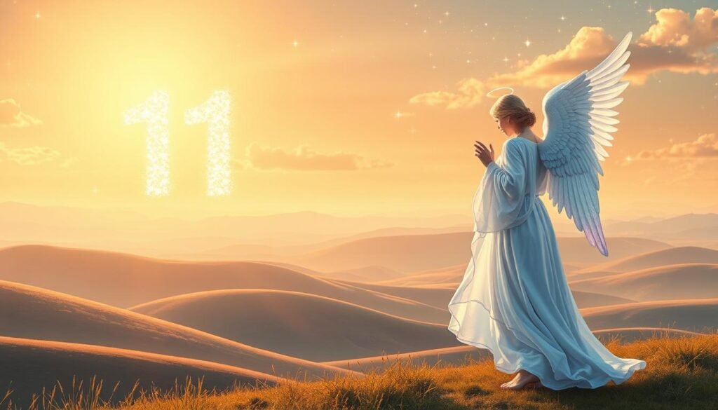 A serene scene that embodies the meaning of Angel number 111. In the foreground, an ethereal figure representing a guardian angel, dressed in flowing white robes with iridescent wings, gently reaches out towards a glowing, large numeral "111" crafted from sparkling celestial light. In the middle ground, a peaceful landscape of rolling hills painted in soft pastels, bathed in warm, golden sunlight that suggests hope and new beginnings. The background features a tranquil sky adorned with delicate clouds and shimmering stars, creating a mystical atmosphere. The entire composition is softly illuminated, evoking feelings of clarity and positivity. Use a wide-angle lens for depth, and emphasize a gentle, uplifting mood throughout the image. A serene scene that embodies the meaning of Angel number 111. In the foreground, an ethereal figure representing a guardian angel, dressed in flowing white robes with iridescent wings, gently reaches out towards a glowing, large numeral "111" crafted from sparkling celestial light. In the middle ground, a peaceful landscape of rolling hills painted in soft pastels, bathed in warm, golden sunlight that suggests hope and new beginnings. The background features a tranquil sky adorned with delicate clouds and shimmering stars, creating a mystical atmosphere. The entire composition is softly illuminated, evoking feelings of clarity and positivity. Use a wide-angle lens for depth, and emphasize a gentle, uplifting mood throughout the image.