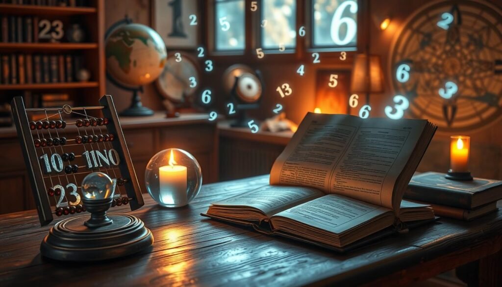 A serene, softly lit room filled with mystical objects related to numerology, inviting a feeling of exploration and discovery. In the foreground, a wooden table adorned with a beautifully crafted abacus and a crystal ball, reflecting light to create a warm ambiance. In the middle, an open, old leather-bound book filled with numerological symbols, its pages gently illuminated by a flickering candle. In the background, floating ethereal numbers softly glowing in various colors, enhancing the magical atmosphere. A vintage globe sits on a shelf, with celestial maps around the walls, subtly alluding to the connection between the universe and numbers. The overall mood is contemplative and inspiring, encouraging viewers to engage with the concept of discovering their lucky number. A serene, softly lit room filled with mystical objects related to numerology, inviting a feeling of exploration and discovery. In the foreground, a wooden table adorned with a beautifully crafted abacus and a crystal ball, reflecting light to create a warm ambiance. In the middle, an open, old leather-bound book filled with numerological symbols, its pages gently illuminated by a flickering candle. In the background, floating ethereal numbers softly glowing in various colors, enhancing the magical atmosphere. A vintage globe sits on a shelf, with celestial maps around the walls, subtly alluding to the connection between the universe and numbers. The overall mood is contemplative and inspiring, encouraging viewers to engage with the concept of discovering their lucky number.