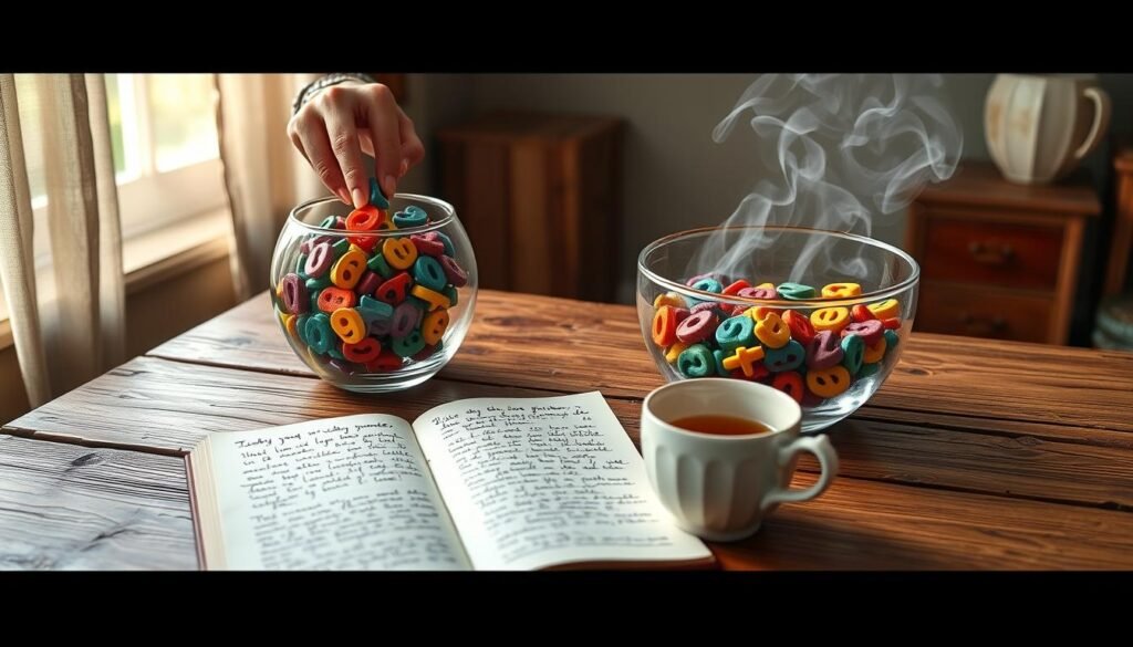 A serene table scene set in a cozy, softly lit room, featuring a rustic wooden table with a crystal-clear glass bowl filled with colorful, patterned numbers. In the foreground, a pair of hands deftly selects a number from the bowl, revealing a sense of excitement and discovery. In the middle ground, an open notebook with handwritten notes on personal reflections about lucky numbers sits alongside a steaming cup of herbal tea, exuding warm, inviting colors. In the background, gentle sunlight filters through sheer curtains, creating a calm, inspirational atmosphere. The composition captures an essence of simplicity and ease, encouraging viewers to engage in their own discovery of what their lucky number could be.