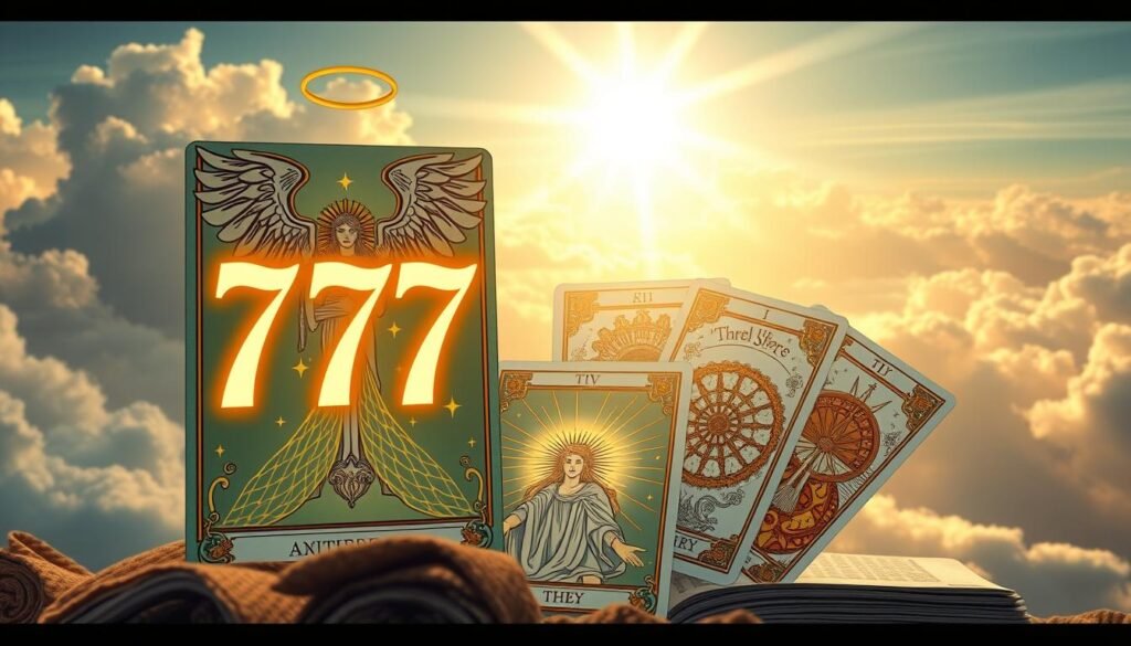 A serene tarot scene illustrating the significance of angel number 7777, with the number 7777 prominently displayed in an ornate, glowing design. In the foreground, a beautifully illustrated tarot card depicting a mystical figure surrounded by symbols of victory and enlightenment, like stars and a radiant halo. The middle ground features other tarot cards fanned out, showcasing various spiritual motifs such as the Wheel of Fortune and The Star. The background includes a soft, dreamy landscape with ethereal clouds and a radiant light peeking through, casting a divine glow. The lighting is warm and inviting to evoke a sense of spiritual triumph and positivity. The atmosphere feels uplifting, mystical, and inspiring, drawing the viewer into a world of spiritual discovery and victory. A serene tarot scene illustrating the significance of angel number 7777, with the number 7777 prominently displayed in an ornate, glowing design. In the foreground, a beautifully illustrated tarot card depicting a mystical figure surrounded by symbols of victory and enlightenment, like stars and a radiant halo. The middle ground features other tarot cards fanned out, showcasing various spiritual motifs such as the Wheel of Fortune and The Star. The background includes a soft, dreamy landscape with ethereal clouds and a radiant light peeking through, casting a divine glow. The lighting is warm and inviting to evoke a sense of spiritual triumph and positivity. The atmosphere feels uplifting, mystical, and inspiring, drawing the viewer into a world of spiritual discovery and victory.