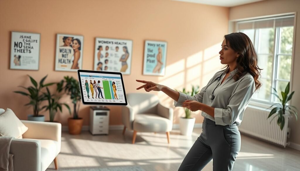 A serene, well-lit office environment focusing on a female healthcare professional in a stylish, modest blouse and slacks, demonstrating a BMI chart on a digital tablet. In the foreground, the professional is engaged with the viewer, pointing to the BMI chart, which shows diverse women of varying body types and ages to emphasize health inclusivity. The middle ground features a comfortable consultation area with plants and motivational posters on women's health. The background subtly represents a warm, inviting color palette with natural light streaming in through a window, creating a calming and informative atmosphere. The composition captures a sense of empowerment, education, and professionalism.