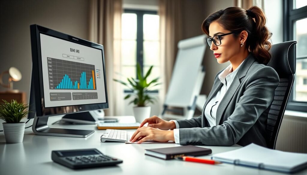 A serene, well-lit office setting focused on a confident woman in professional attire, sitting at a desk. She is thoughtfully analyzing a BMI chart displayed on a computer screen, with a calculator and health-related documents surrounding her. In the foreground, include the BMI results with visual representations like graphs or charts, emphasizing critical figures. The middle ground features a potted plant and a notebook, adding a personal touch to the workspace. In the background, soft, natural light filters through a window, creating an inviting and productive atmosphere. The composition should highlight the woman's engagement with her health data, conveying a sense of empowerment and clarity in understanding her BMI results. Use a shallow depth of field to focus on her expression and the BMI chart, with soft bokeh effects enhancing the professional ambiance.