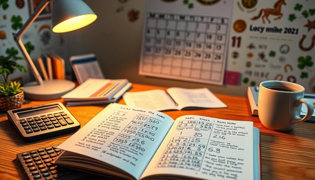 A serene workspace featuring a wooden desk adorned with colorful papers, a calculator, and a cup of coffee. In the foreground, an open notebook filled with handwritten numbers and astrological symbols, and a thoughtful person in professional attire, gazing at the pages, deep in contemplation. The middle layer showcases a well-organized workspace with a modern desk lamp casting a warm glow, highlighting the calculating process. In the background, a soft-focus wall adorned with a large calendar and illustrations of lucky symbols, like four-leaf clovers and horseshoes. The lighting is warm and inviting, creating an atmosphere of positivity and curiosity. The scene should evoke a sense of inspiration, inviting viewers to engage in the process of discovering their lucky number today. A serene workspace featuring a wooden desk adorned with colorful papers, a calculator, and a cup of coffee. In the foreground, an open notebook filled with handwritten numbers and astrological symbols, and a thoughtful person in professional attire, gazing at the pages, deep in contemplation. The middle layer showcases a well-organized workspace with a modern desk lamp casting a warm glow, highlighting the calculating process. In the background, a soft-focus wall adorned with a large calendar and illustrations of lucky symbols, like four-leaf clovers and horseshoes. The lighting is warm and inviting, creating an atmosphere of positivity and curiosity. The scene should evoke a sense of inspiration, inviting viewers to engage in the process of discovering their lucky number today.