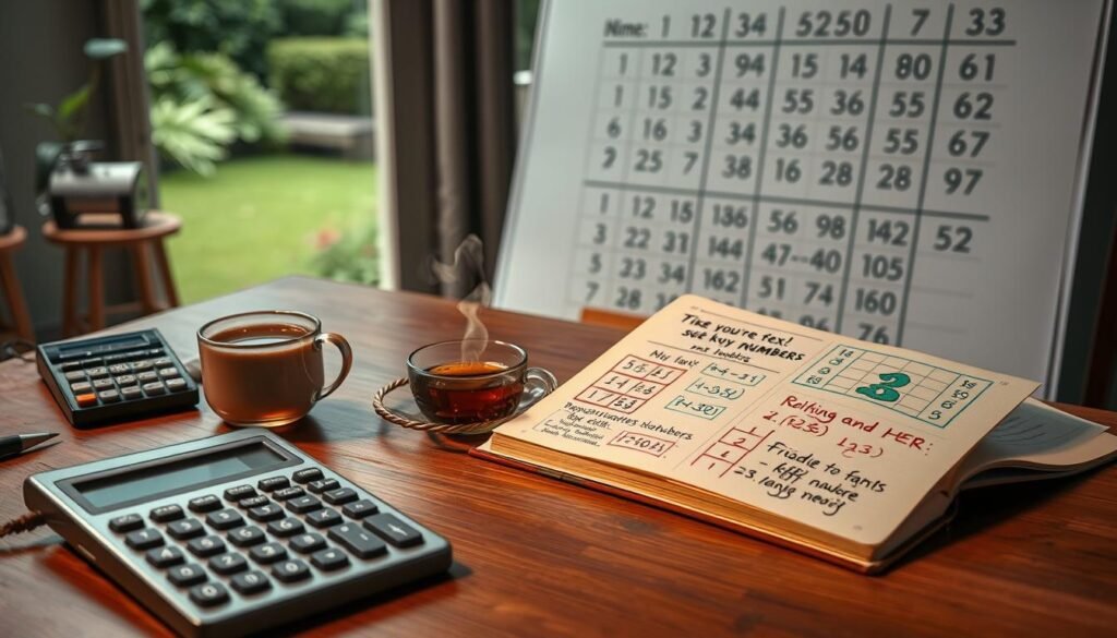 A serene workspace featuring a wooden desk with an open notebook filled with handwritten calculations and colorful diagrams depicting number relationships. In the foreground, a vintage calculator rests next to a steaming cup of herbal tea, suggesting a thoughtful approach to finding one's lucky number. The middle ground showcases a numerical chart on a whiteboard, showing patterns and combinations, with soft light illuminating the scene, creating a warm atmosphere. In the background, a large window reveals a peaceful garden view, enhancing the feeling of calm and focus. The overall mood is encouraging and introspective, inviting viewers to explore the idea of lucky numbers. The composition is shot from a slightly elevated angle to capture all elements harmoniously.