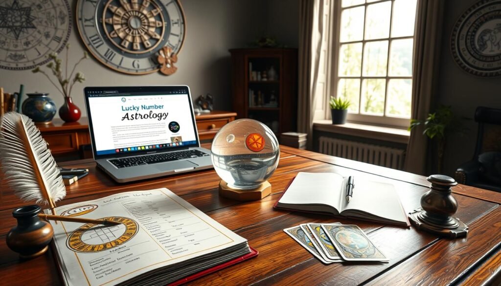 A serene workspace filled with astrological elements, featuring a beautifully crafted wooden desk. In the foreground, an open astrology book with colorful charts and symbols, a quill pen, and an inkpot. A laptop displays a web page titled "Lucky Number Astrology" alongside a notepad where names are being written. In the middle, a crystal sphere glistens, representing clarity and insight into one’s destiny, placed beside a set of tarot cards. In the background, a large window lets in soft natural light, illuminating zodiac symbols and star maps hanging on the walls, creating a mystical atmosphere. The overall mood is contemplative and inviting, encouraging exploration of one's lucky number through personal connection and understanding. A serene workspace filled with astrological elements, featuring a beautifully crafted wooden desk. In the foreground, an open astrology book with colorful charts and symbols, a quill pen, and an inkpot. A laptop displays a web page titled "Lucky Number Astrology" alongside a notepad where names are being written. In the middle, a crystal sphere glistens, representing clarity and insight into one’s destiny, placed beside a set of tarot cards. In the background, a large window lets in soft natural light, illuminating zodiac symbols and star maps hanging on the walls, creating a mystical atmosphere. The overall mood is contemplative and inviting, encouraging exploration of one's lucky number through personal connection and understanding.