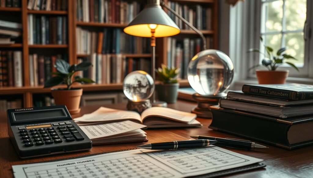 A serene workspace scene featuring a nicely arranged wooden desk. In the foreground, elegant tools for calculating lucky numbers — a vintage calculator, neatly stacked sheets of paper with a name-to-number conversion chart, and a stylish pen. In the middle, a softly glowing table lamp casts warm light, illuminating a crystal ball that sits beside the calculator, symbolizing fortune and intuition. The background shows a bookshelf filled with books about numerology and destiny, with a potted plant adding a touch of nature. The atmosphere is calm and focused, ideal for reflection and discovery, with natural window light filtering in to create a cozy, inviting mood. A serene workspace scene featuring a nicely arranged wooden desk. In the foreground, elegant tools for calculating lucky numbers — a vintage calculator, neatly stacked sheets of paper with a name-to-number conversion chart, and a stylish pen. In the middle, a softly glowing table lamp casts warm light, illuminating a crystal ball that sits beside the calculator, symbolizing fortune and intuition. The background shows a bookshelf filled with books about numerology and destiny, with a potted plant adding a touch of nature. The atmosphere is calm and focused, ideal for reflection and discovery, with natural window light filtering in to create a cozy, inviting mood.