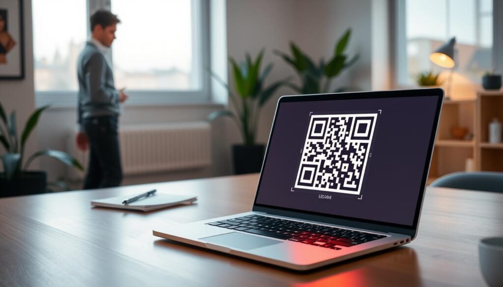 A serene workspace showcasing a modern QR code generator interface on a sleek laptop. In the foreground, the laptop screen displays an intricate QR code design, glowing softly in vibrant colors. To the side, a business professional dressed in smart casual attire examines the QR code thoughtfully. In the middle ground, a wooden desk is adorned with a notepad and a cup of coffee, emphasizing a productive atmosphere. The background features a well-lit, minimalist office with plants and natural light filtering through a window, creating a sense of safety and freedom. The lighting is warm and inviting, with a focus on the screen, evoking a mood of trust and innovation. The camera angle is slightly tilted from above, allowing a clear view of both the QR code and the person engaged with the technology.