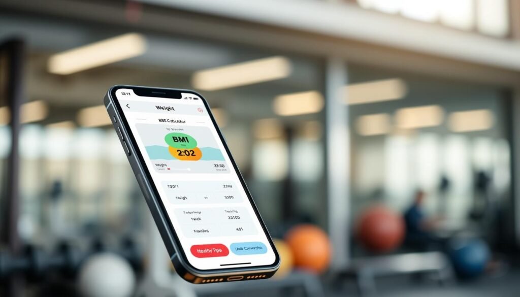 A sleek UI design of a BMI calculator app displayed prominently on a modern smartphone, positioned in the foreground. The app features an interactive interface showing key functionalities such as weight input, height input, and a clearly visible BMI result section with vibrant graphical elements. In the middle background, subtle icons representing additional features like healthy tips, tracking history, and unit conversion are lightly blended, giving depth. The overall atmosphere conveys a sense of health-consciousness and technology. Soft, natural lighting highlights the smartphone’s glossy screen, while a blurred gym or fitness environment is subtly visible in the background, enhancing the health-focused theme. The angle should emphasize the phone in a professional setting, creating a motivating, uplifting mood. A sleek UI design of a BMI calculator app displayed prominently on a modern smartphone, positioned in the foreground. The app features an interactive interface showing key functionalities such as weight input, height input, and a clearly visible BMI result section with vibrant graphical elements. In the middle background, subtle icons representing additional features like healthy tips, tracking history, and unit conversion are lightly blended, giving depth. The overall atmosphere conveys a sense of health-consciousness and technology. Soft, natural lighting highlights the smartphone’s glossy screen, while a blurred gym or fitness environment is subtly visible in the background, enhancing the health-focused theme. The angle should emphasize the phone in a professional setting, creating a motivating, uplifting mood.