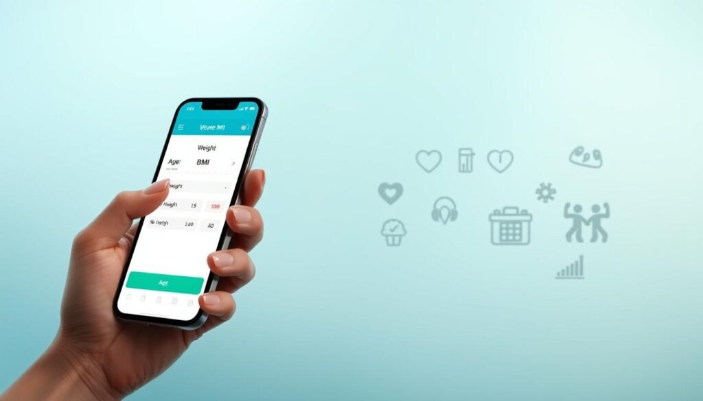 A sleek and modern BMI calculator app interface displayed prominently in the foreground, showcasing key features like weight input, height scale, age selection, and a colorful BMI chart. On the left, a stylized smartphone is held by a hand with neatly manicured nails, demonstrating the app in action. In the middle, a subtle gradient background of soft blues and greens creates a calming atmosphere, while icons representing health, fitness, and tracking are tastefully arranged. Soft, natural lighting enhances the sleek design, highlighting the app's user-friendly interface. The composition is shot at an eye-level angle with a slight depth of field, ensuring focus on the app while softly blurring the background elements. The overall mood conveys simplicity, accessibility, and motivation for healthy living, appealing to users seeking an intuitive tracking tool. A sleek and modern BMI calculator app interface displayed prominently in the foreground, showcasing key features like weight input, height scale, age selection, and a colorful BMI chart. On the left, a stylized smartphone is held by a hand with neatly manicured nails, demonstrating the app in action. In the middle, a subtle gradient background of soft blues and greens creates a calming atmosphere, while icons representing health, fitness, and tracking are tastefully arranged. Soft, natural lighting enhances the sleek design, highlighting the app's user-friendly interface. The composition is shot at an eye-level angle with a slight depth of field, ensuring focus on the app while softly blurring the background elements. The overall mood conveys simplicity, accessibility, and motivation for healthy living, appealing to users seeking an intuitive tracking tool.