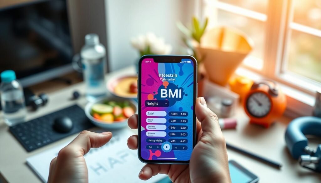 A sleek and modern BMI calculator app interface displayed prominently on a smartphone held in a professional's hand. The foreground features the phone's screen showcasing an intuitive layout with input fields for height and weight, vibrant graphics, and a prominently displayed BMI result. In the middle ground, a blurred desk environment with health-related items like a healthy meal, a water bottle, and fitness equipment provides context. The background shows soft, natural lighting from a nearby window, creating a warm and inviting atmosphere that conveys health and wellness. The overall mood is friendly and encouraging, emphasizing the app as an essential health companion. A sleek and modern BMI calculator app interface displayed prominently on a smartphone held in a professional's hand. The foreground features the phone's screen showcasing an intuitive layout with input fields for height and weight, vibrant graphics, and a prominently displayed BMI result. In the middle ground, a blurred desk environment with health-related items like a healthy meal, a water bottle, and fitness equipment provides context. The background shows soft, natural lighting from a nearby window, creating a warm and inviting atmosphere that conveys health and wellness. The overall mood is friendly and encouraging, emphasizing the app as an essential health companion.