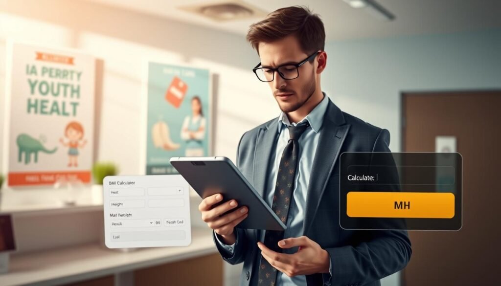A sleek and modern BMI calculator interface designed specifically for men, set against a soft-focus healthcare environment. The foreground features a digital screen displaying a user-friendly BMI calculator dashboard, showcasing input fields for height and weight, along with a clear, bold 'Calculate' button. In the middle ground, include a professional male figure in smart casual attire, looking intrigued while analyzing the results on a tablet, symbolizing an engaged user experience. The background consists of a bright, well-lit clinic with motivational health posters and calming colors, creating a positive and empowering atmosphere. The image should embody a sense of health awareness and user-friendliness, captured with natural lighting and a slightly angled view to enhance depth and engagement.