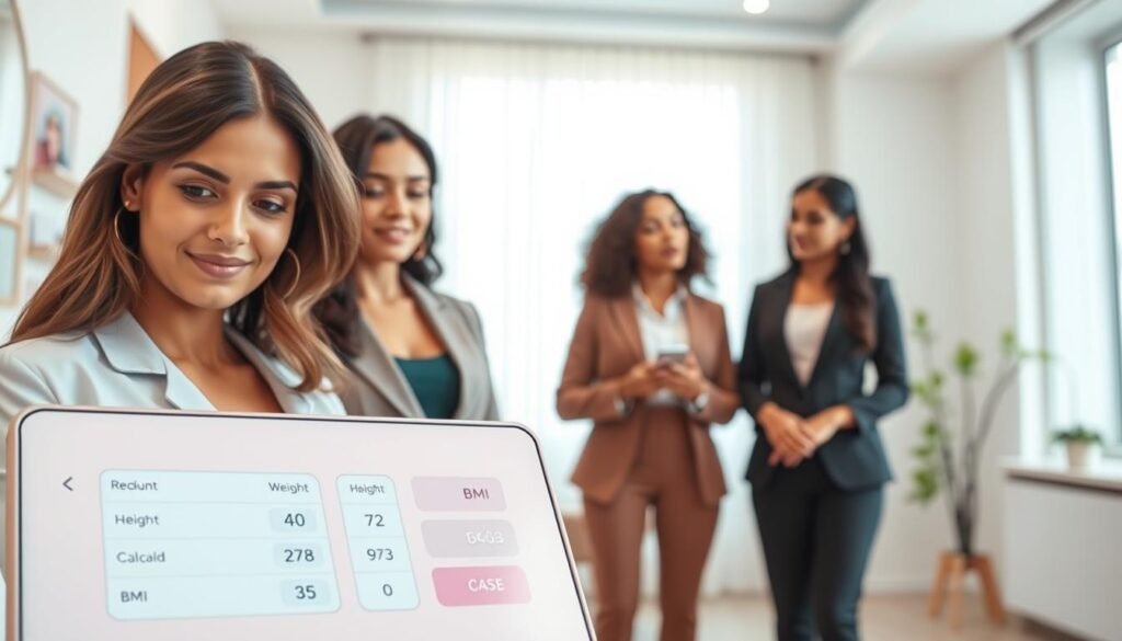 A sleek and modern BMI calculator interface designed specifically for women, positioned prominently in the foreground. It features an elegant display with input fields for height, weight, and calculated BMI results in a soft pastel color palette, showcasing femininity and empowerment. In the middle ground, a diverse group of three women, dressed in professional business attire, are engaging with the calculator and discussing their results, highlighting the importance of BMI. The background is softly blurred, with hints of a bright, inviting health and wellness environment, like a cozy doctor's office. Soft, natural lighting illuminates the scene, creating a warm and encouraging atmosphere. The camera angle captures the interaction from an eye-level perspective, emphasizing connection and the importance of understanding health metrics for women.