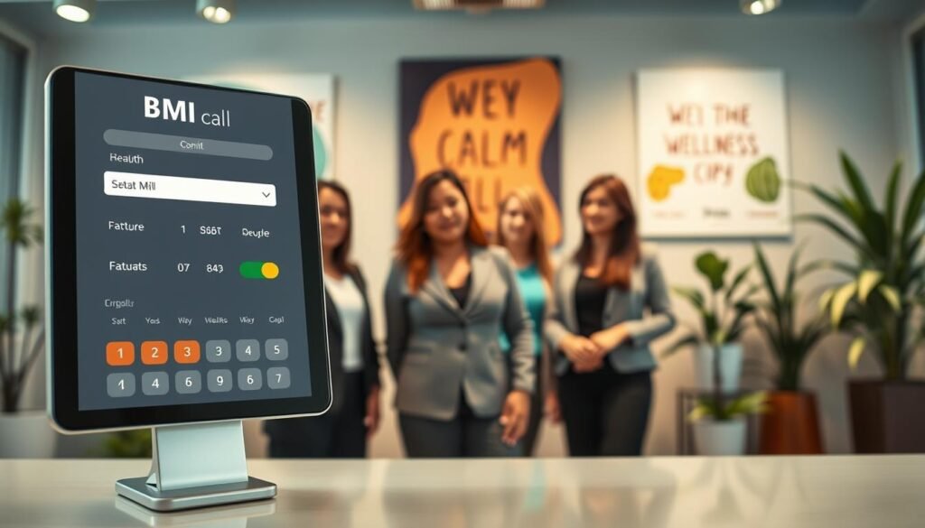A sleek and modern BMI calculator interface displayed prominently in the foreground. The screen shows user-friendly input fields and colorful health indicators, emphasizing simplicity and usability. In the middle ground, a diverse group of women of different ages and ethnicities is gathered around the calculator, all dressed in professional business attire, engaged in discussion about its features. The background features a soft-focus wellness-themed office setting with indoor plants and motivational health posters on the walls. Soft, warm lighting enhances the inviting atmosphere, creating a sense of collaboration and empowerment. The angle is slightly overhead, capturing both the calculator and the interaction among the women, conveying a mood of support and health awareness. A sleek and modern BMI calculator interface displayed prominently in the foreground. The screen shows user-friendly input fields and colorful health indicators, emphasizing simplicity and usability. In the middle ground, a diverse group of women of different ages and ethnicities is gathered around the calculator, all dressed in professional business attire, engaged in discussion about its features. The background features a soft-focus wellness-themed office setting with indoor plants and motivational health posters on the walls. Soft, warm lighting enhances the inviting atmosphere, creating a sense of collaboration and empowerment. The angle is slightly overhead, capturing both the calculator and the interaction among the women, conveying a mood of support and health awareness.