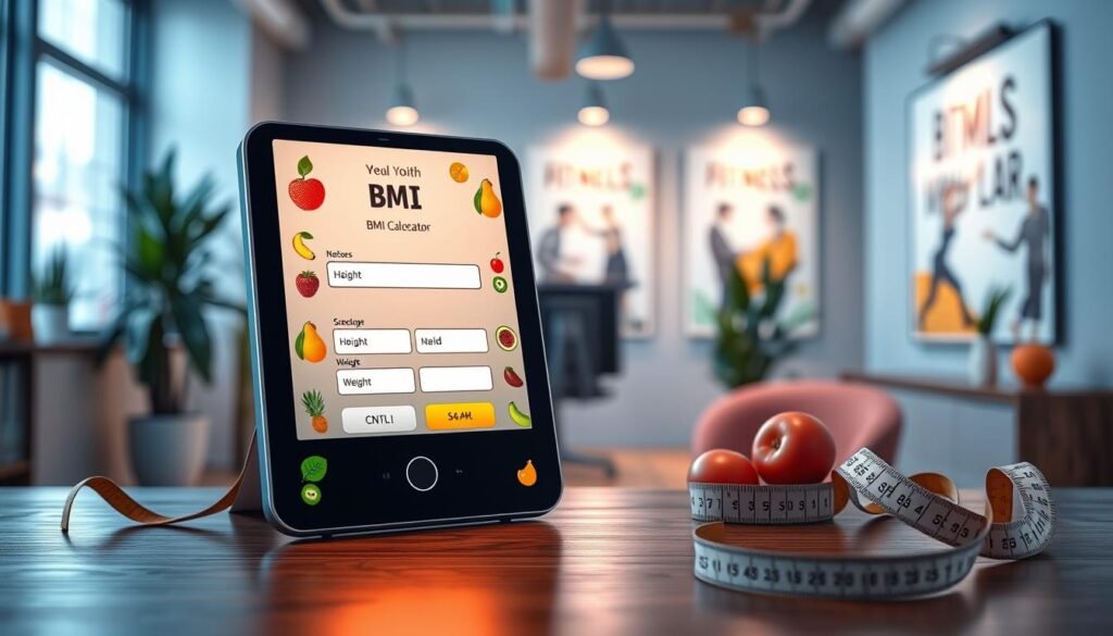 A sleek and modern BMI calculator tool displayed prominently in the foreground, featuring a digital interface with input fields for height and weight, surrounded by vibrant, health-themed graphics like fruits and measuring tapes. The calculator's screen should be glowing softly, indicating active use, creating an inviting atmosphere. In the middle ground, include a blurred, stylish office setting with soft, natural lighting to emphasize a sense of health and wellness. In the background, subtle hints of motivational posters about fitness and well-being are tackily visible. The overall mood should be positive and encouraging, evoking a sense of empowerment regarding personal health management. Use a slightly wide-angle view to capture the entire scene while maintaining clarity on the tool itself.