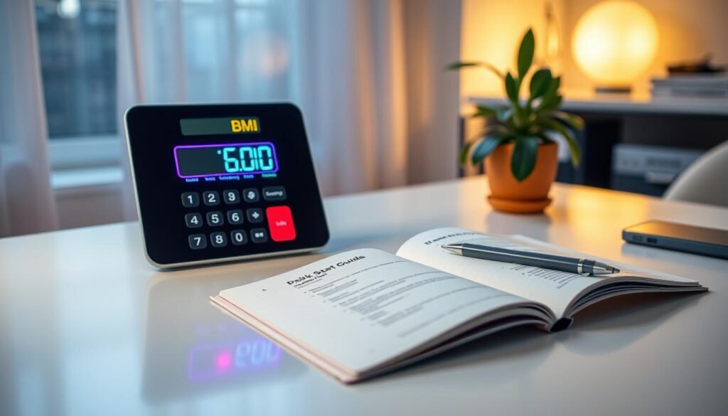 A sleek and modern BMI calculator tool displayed prominently in the foreground on a clean, minimalist desk. The calculator features a digital screen showing body mass index readings, with buttons lit up in vibrant colors. In the middle ground, an open notebook with a pen lies beside the calculator, depicting a quick start guide on how to use it. The background showcases a well-lit, stylish home office environment, featuring soft, ambient lighting that creates a warm and inviting atmosphere. A potted plant adds a touch of freshness, while a glimpse of a window reveals a soft, natural light streaming in. The overall mood conveys an efficient and user-friendly approach to health and wellness.