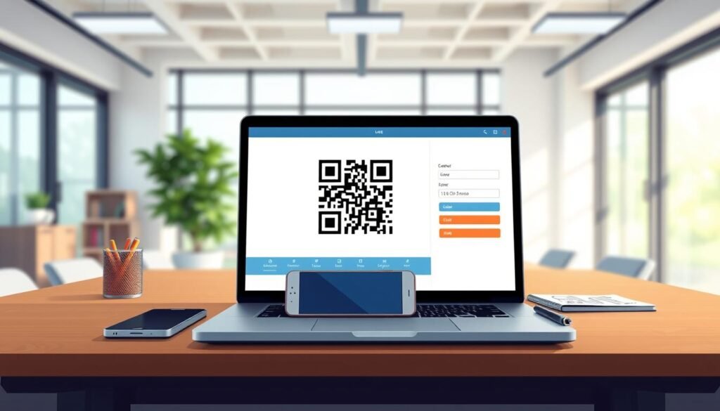A sleek and modern QR code generator interface displayed on a laptop screen, positioned prominently in the foreground. The laptop shows a vibrant and user-friendly design, featuring a colorful QR code in the center, surrounded by various customizable options for color and size. In the middle ground, a minimalistic desk adorned with tech-related accessories, such as a smartphone scanning a QR code, and a notepad with sketches of potential QR code uses. The background includes a softly blurred office setting with natural light streaming through large windows, creating an inviting and productive atmosphere. The overall mood is one of innovation and accessibility, emphasizing the ease of creating QR codes in a professional context. A sleek and modern QR code generator interface displayed on a laptop screen, positioned prominently in the foreground. The laptop shows a vibrant and user-friendly design, featuring a colorful QR code in the center, surrounded by various customizable options for color and size. In the middle ground, a minimalistic desk adorned with tech-related accessories, such as a smartphone scanning a QR code, and a notepad with sketches of potential QR code uses. The background includes a softly blurred office setting with natural light streaming through large windows, creating an inviting and productive atmosphere. The overall mood is one of innovation and accessibility, emphasizing the ease of creating QR codes in a professional context.