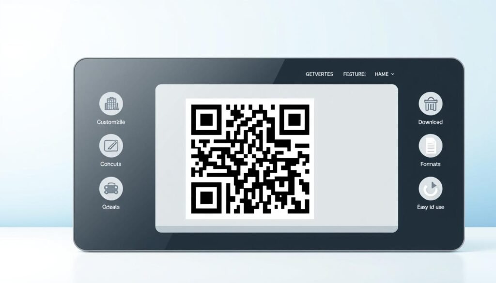 A sleek and modern QR code generator interface is displayed prominently in the foreground, showcasing a realistic digital representation of a customizable QR code in various vibrant colors. In the middle layer, icons representing key features like customization options, download formats, and ease of use are subtly integrated around the interface. The background features a soft gradient of light blue and white, evoking a sense of technology and innovation. The lighting is bright and even, highlighting the interface's sleek design and the vibrant colors of the QR code. The overall atmosphere is professional and user-friendly, aimed at attracting users interested in creating QR codes effortlessly. No text or overlays are present, ensuring a clean and focused visual representation. A sleek and modern QR code generator interface is displayed prominently in the foreground, showcasing a realistic digital representation of a customizable QR code in various vibrant colors. In the middle layer, icons representing key features like customization options, download formats, and ease of use are subtly integrated around the interface. The background features a soft gradient of light blue and white, evoking a sense of technology and innovation. The lighting is bright and even, highlighting the interface's sleek design and the vibrant colors of the QR code. The overall atmosphere is professional and user-friendly, aimed at attracting users interested in creating QR codes effortlessly. No text or overlays are present, ensuring a clean and focused visual representation.