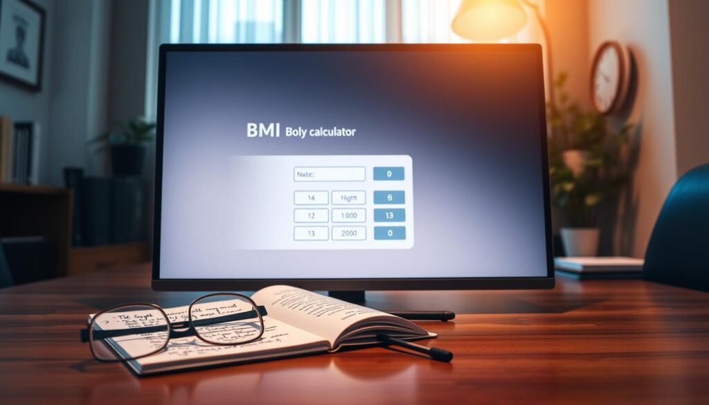 A sleek and modern body mass index (BMI) calculator interface displayed on a high-resolution computer screen, set on a polished wooden desk. In the foreground, include a pair of reading glasses and a notepad with handwritten notes about health statistics. In the middle layer, the calculator interface should feature a user-friendly design with input fields for height and weight, set against a soft, subtle gradient background that enhances focus on the calculator. The background captures a cozy office environment, with warm lighting filtering through a window, casting a professional yet inviting atmosphere. The perspective is slightly tilted downwards for an engaging angle, immersing viewers in the experience of using this efficient tool.