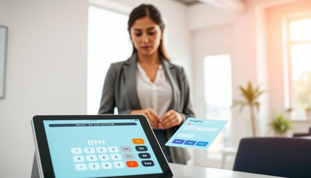 A sleek and modern digital interface of a BMI calculator displayed on a tablet in a well-lit, airy office space. In the foreground, the tablet shows an interactive calculator with user-friendly buttons and a vibrant, easy-to-read interface. The middle layer features a professional, modestly dressed individual, a mid-30s woman with an attentive expression, actively engaged in entering her height and weight into the calculator. In the background, a bright window reveals a serene outdoor view, contributing to a calming atmosphere. Soft, natural lighting enhances the overall ambiance, while a minimalist decor emphasizes focus on health and wellness. The image conveys a sense of empowerment and accessibility in health assessment. A sleek and modern digital interface of a BMI calculator displayed on a tablet in a well-lit, airy office space. In the foreground, the tablet shows an interactive calculator with user-friendly buttons and a vibrant, easy-to-read interface. The middle layer features a professional, modestly dressed individual, a mid-30s woman with an attentive expression, actively engaged in entering her height and weight into the calculator. In the background, a bright window reveals a serene outdoor view, contributing to a calming atmosphere. Soft, natural lighting enhances the overall ambiance, while a minimalist decor emphasizes focus on health and wellness. The image conveys a sense of empowerment and accessibility in health assessment.