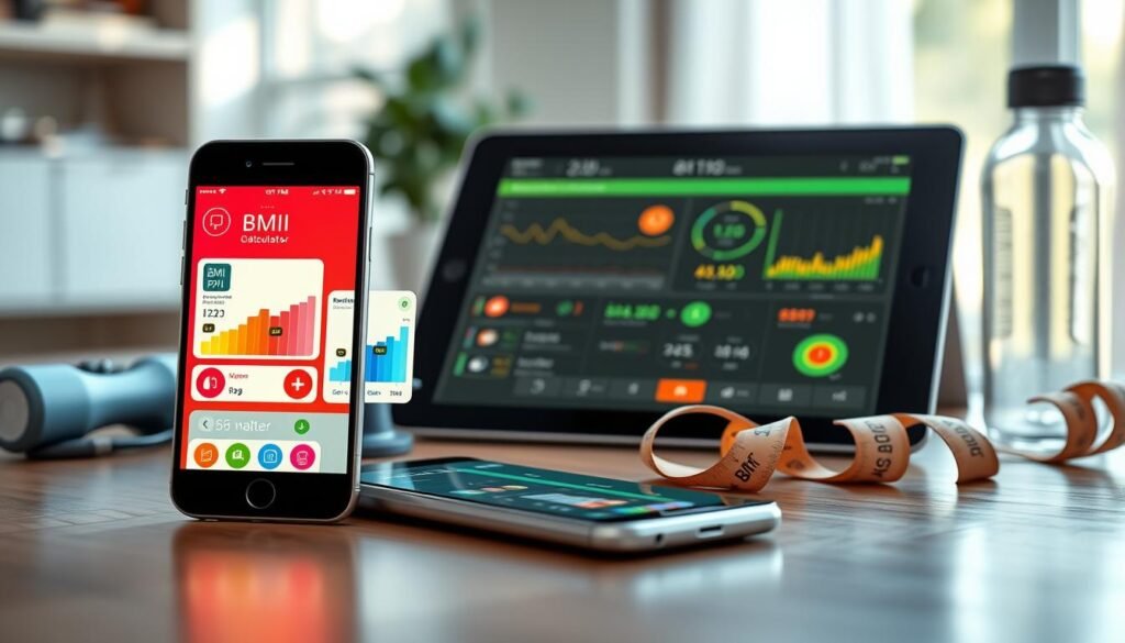 A sleek and modern digital interface showcasing various BMI calculator apps on a smartphone screen, prominently displayed in the foreground. The apps exhibit vibrant, user-friendly designs with colorful graphs and health metrics. In the middle ground, a stylish tablet lies open, highlighting additional health tracking features, surrounded by fitness accessories like a scale, a measuring tape, and a water bottle. The background features a softly blurred home environment with natural light streaming in, giving a warm and inviting atmosphere. Use a shallow depth of field to emphasize the smartphone while maintaining a crisp focus on the apps displayed. The overall mood should be motivating and health-conscious, appealing to individuals looking to track their well-being efficiently.