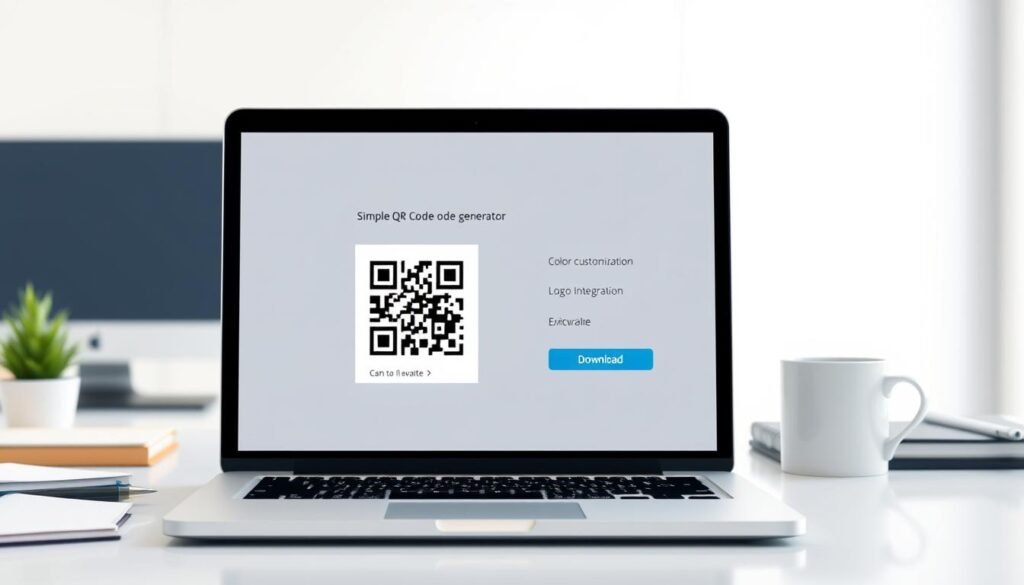 A sleek and modern digital workspace showcasing a simple QR code generator interface prominently displayed on a laptop screen in the foreground. The background features an organized desk with essential tools like a smartphone scanning a QR code, notepad, and a coffee cup, symbolizing ease of use. Soft, diffused lighting illuminates the scene, creating a bright and inviting atmosphere. The focus is sharp on the laptop screen, with the QR code generator showing user-friendly features like color customization, logo integration, and download options. A blurred backdrop hints at a minimalist office environment, enhancing the tech-savvy vibe. The overall mood is professional yet accessible, emphasizing the simplicity and efficiency of creating QR codes for anyone. A sleek and modern digital workspace showcasing a simple QR code generator interface prominently displayed on a laptop screen in the foreground. The background features an organized desk with essential tools like a smartphone scanning a QR code, notepad, and a coffee cup, symbolizing ease of use. Soft, diffused lighting illuminates the scene, creating a bright and inviting atmosphere. The focus is sharp on the laptop screen, with the QR code generator showing user-friendly features like color customization, logo integration, and download options. A blurred backdrop hints at a minimalist office environment, enhancing the tech-savvy vibe. The overall mood is professional yet accessible, emphasizing the simplicity and efficiency of creating QR codes for anyone.
