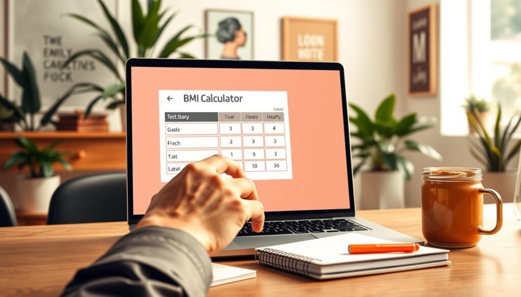 A sleek and modern online BMI calculator interface displayed on a laptop screen. In the foreground, show a hand of a focused individual (dressed in smart casual attire) interacting with the calculator on the screen, inputting data. The middle layer features the laptop on a stylish desk, surrounded by a notebook and a healthy snack, creating a productive atmosphere. In the background, soft-focus elements include a bright, airy room with plants and motivational posters, enhancing a sense of well-being. The lighting should be warm and inviting, suggesting a comfortable workspace. Capture the scene from a slightly elevated angle to emphasize the calculator's interface and the user's engagement while maintaining a clean and organized aesthetic.