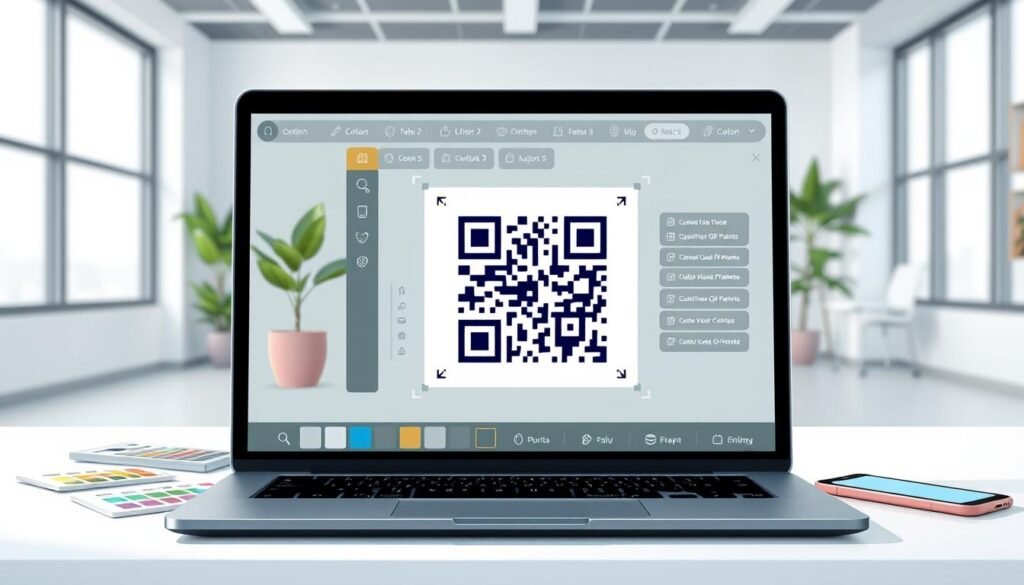 A sleek and modern workspace showcasing a digital interface for a free editable QR code generator. In the foreground, a stylish laptop with a clear screen displaying a colorful, customizable QR code design, with various editable features highlighted. Scattered around the laptop are design tools like color palettes and icons representing customization options. In the middle ground, a clean, organized desk featuring a potted plant and a smartphone with a QR code scanning app open. The background subtly depicts a light-filled office environment with large windows and minimalist decor, creating an atmosphere of professionalism and creativity. Soft, natural lighting enhances the image, with a focus depth that draws the viewer’s attention to the QR code generator interface.