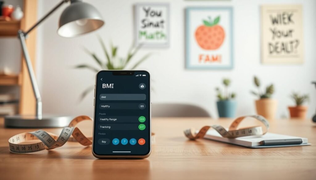 A sleek, modern BMI calculator app interface displayed on a smartphone in the foreground, showcasing features like BMI input fields, healthy range indicators, and tracking graphs. The smartphone rests on a tidy wooden table surrounded by health-related items like a measuring tape and a notepad. In the middle, a soft glow from a nearby desk lamp illuminates the app, emphasizing its user-friendly design and clear, colorful icons. The background features a blurred, serene home office environment, decorated with plants and motivational health posters. The lighting creates a calm and inviting atmosphere, encouraging users to track their health effectively. The overall scene conveys professionalism and accessibility, making health tracking feel simple and manageable. A sleek, modern BMI calculator app interface displayed on a smartphone in the foreground, showcasing features like BMI input fields, healthy range indicators, and tracking graphs. The smartphone rests on a tidy wooden table surrounded by health-related items like a measuring tape and a notepad. In the middle, a soft glow from a nearby desk lamp illuminates the app, emphasizing its user-friendly design and clear, colorful icons. The background features a blurred, serene home office environment, decorated with plants and motivational health posters. The lighting creates a calm and inviting atmosphere, encouraging users to track their health effectively. The overall scene conveys professionalism and accessibility, making health tracking feel simple and manageable.