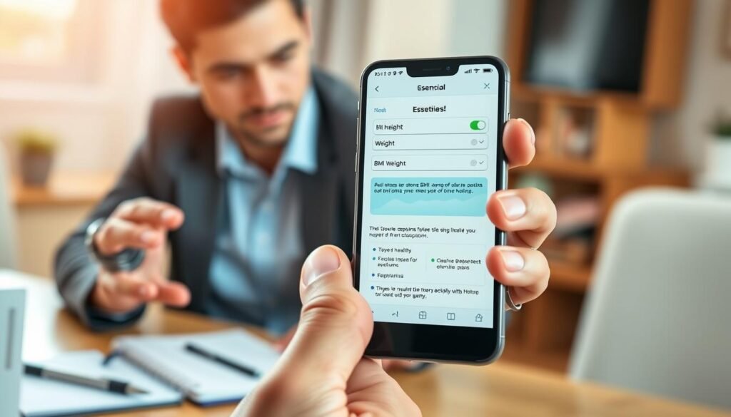 A sleek, modern BMI calculator app interface displayed on a smartphone, showcasing essential features like input fields for height and weight, a visual graphic of BMI results, and tips for maintaining a healthy lifestyle. In the foreground, the phone is held by a professional-looking individual in smart casual attire, concentrating on the screen. The middle ground features a soft-focus desk with a notebook and a pen, emphasizing organization and tracking. The background has blurred elements of a cozy home environment with warm lighting, creating an inviting and motivational atmosphere. The composition should have a soft depth of field, capturing the app's functionality and user interaction in a bright and engaging setting. A sleek, modern BMI calculator app interface displayed on a smartphone, showcasing essential features like input fields for height and weight, a visual graphic of BMI results, and tips for maintaining a healthy lifestyle. In the foreground, the phone is held by a professional-looking individual in smart casual attire, concentrating on the screen. The middle ground features a soft-focus desk with a notebook and a pen, emphasizing organization and tracking. The background has blurred elements of a cozy home environment with warm lighting, creating an inviting and motivational atmosphere. The composition should have a soft depth of field, capturing the app's functionality and user interaction in a bright and engaging setting.
