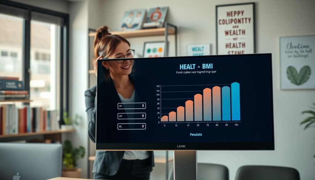 A sleek, modern BMI calculator interface displayed on a high-resolution computer screen in a well-lit office setting. The foreground features the calculator with an intuitive layout, showcasing input fields for height and weight, alongside a vibrant graph illustrating BMI ranges. In the middle, a professional individual dressed in a smart casual outfit analyzes the results thoughtfully, with a slight smile indicating satisfaction. The background includes shelves filled with health-related books and motivational posters, subtly enhancing the atmosphere of wellness. Soft, natural lighting from a nearby window casts a warm glow, while a shallow depth of field focuses on the calculator and the individual, creating an inviting and informative scene that reflects health tracking.