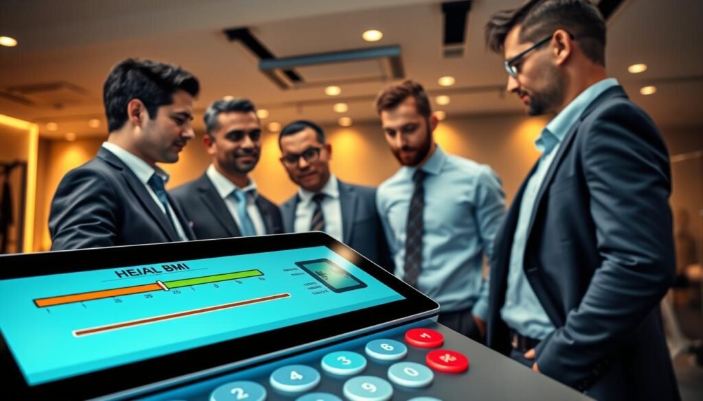 A sleek, modern BMI calculator interface displayed prominently in the foreground, featuring a digital touchscreen with sliders for height and weight inputs. The calculator has a clean design with vibrant colors, evoking a sense of health and well-being. In the middle ground, a diverse group of men in professional business attire is engaging with the calculator, examining their BMI results with expressions of curiosity and determination. The background features a minimalist gym or health center aesthetic, softly lit with warm lights, creating an inviting atmosphere. The perspective is slightly angled to highlight the calculator and its users, capturing an inspiring moment about personal health management.