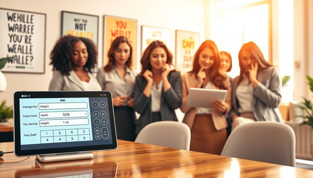 A sleek, modern BMI calculator tool displayed prominently in the foreground, featuring an intuitive digital interface with input fields for weight and height. The calculator is set on a polished wooden desk surrounded by soft, inviting decor. In the middle ground, a diverse group of women in professional business attire is thoughtfully engaging with the tool, demonstrating its usability. The background shows a bright, airy workspace with motivational posters related to health and wellness. The lighting is warm and natural, streaming in from a nearby window, creating a welcoming atmosphere. The overall mood conveys empowerment and health awareness, emphasizing the importance of BMI in maintaining a healthy lifestyle.