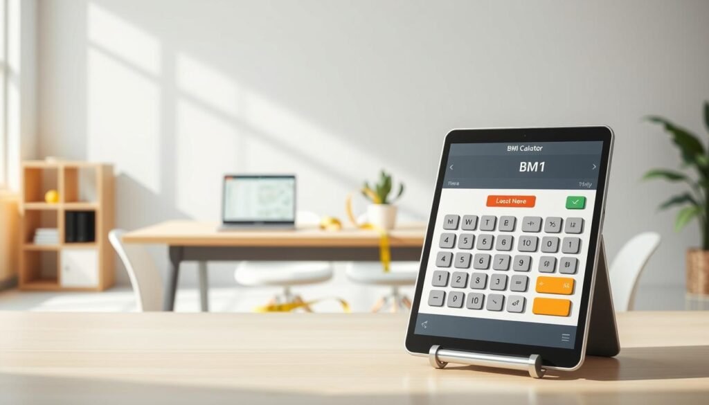 A sleek, modern BMI calculator tool is featured prominently in the foreground, designed with a user-friendly interface displaying intuitive graphical elements and buttons. In the middle ground, an attractive workspace setup includes a neatly arranged table with a laptop, a measuring tape, and a potted plant for a touch of greenery. The background showcases a softly lit, minimalist office environment, with light gray walls and a large window letting in natural sunlight, creating an inviting atmosphere. The mood is professional yet approachable, appealing to women seeking to understand their body mass index. Use soft lighting to highlight the calculator and table, with a balanced composition that draws the viewer's eye towards the BMI calculator tool, emphasizing its importance for health awareness.