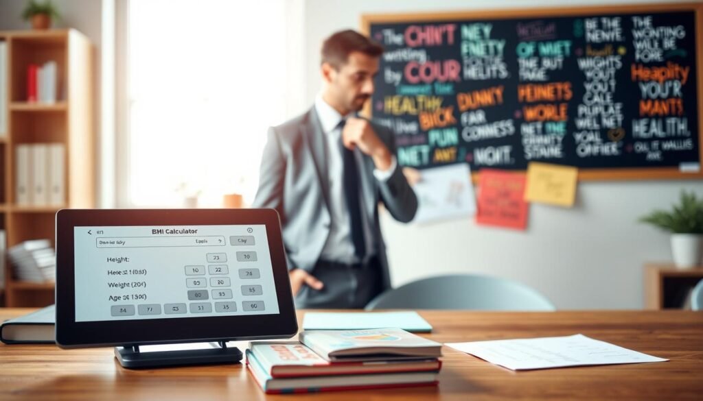A sleek, modern BMI calculator tool prominently displayed on a wooden desk in a well-lit, cozy office environment. In the foreground, a digital screen shows a user-friendly interface with various input fields for height, weight, and age, surrounded by a few healthy lifestyle books. The middle ground features a professional adult wearing a smart casual outfit, thoughtfully looking at the calculator, suggesting engagement and curiosity. In the background, a softly blurred bulletin board filled with health tips and motivational quotes adds depth, while natural light from a nearby window creates a warm and inviting atmosphere. The image conveys a sense of ease and accessibility, emphasizing the importance of monitoring health in a straightforward manner.
