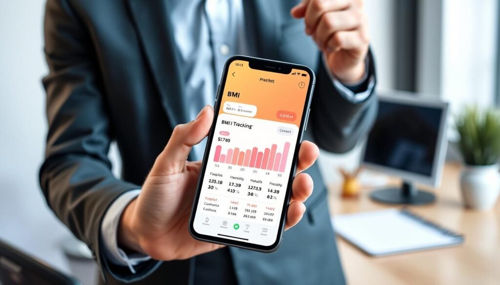 A sleek, modern BMI tracking app interface displayed on a smartphone screen, featuring a clean layout with vibrant colors. The foreground shows the smartphone being held by a professional in smart casual attire, with clear visibility of the app's graphical elements such as a BMI calculator, progress chart, and health statistics. The middle ground includes a subtle gradient background that creates an inviting atmosphere, enhanced by soft, natural lighting that suggests a productive workspace. Behind, a blurred desk environment with minimalistic decor adds context without distraction. The overall mood is encouraging and health-oriented, aimed at motivating users to take charge of their well-being. No text, logos, or watermarks are present. A sleek, modern BMI tracking app interface displayed on a smartphone screen, featuring a clean layout with vibrant colors. The foreground shows the smartphone being held by a professional in smart casual attire, with clear visibility of the app's graphical elements such as a BMI calculator, progress chart, and health statistics. The middle ground includes a subtle gradient background that creates an inviting atmosphere, enhanced by soft, natural lighting that suggests a productive workspace. Behind, a blurred desk environment with minimalistic decor adds context without distraction. The overall mood is encouraging and health-oriented, aimed at motivating users to take charge of their well-being. No text, logos, or watermarks are present.