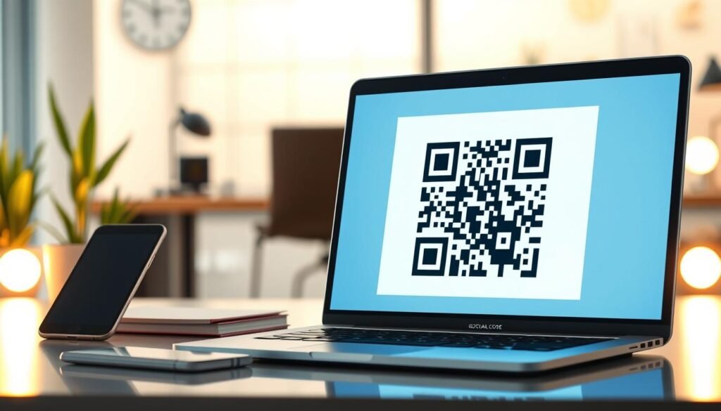 A sleek, modern QR code generator interface displayed prominently in the foreground, with a glowing laptop screen showcasing a large, customizable QR code. The middle layer features a well-organized workspace with essential tools like a smartphone, notepad, and a digital tablet reflecting an engaging design process. In the background, soft-focus elements of a contemporary office environment, such as a stylish desk and potted plants, create a professional atmosphere. The lighting is bright and inviting, emphasizing productivity, with a warm glow illuminating the workspace. Shot from a slightly elevated angle to provide depth, the overall mood is innovative and efficient, perfect for depicting the concept of a QR code generator in action. A sleek, modern QR code generator interface displayed prominently in the foreground, with a glowing laptop screen showcasing a large, customizable QR code. The middle layer features a well-organized workspace with essential tools like a smartphone, notepad, and a digital tablet reflecting an engaging design process. In the background, soft-focus elements of a contemporary office environment, such as a stylish desk and potted plants, create a professional atmosphere. The lighting is bright and inviting, emphasizing productivity, with a warm glow illuminating the workspace. Shot from a slightly elevated angle to provide depth, the overall mood is innovative and efficient, perfect for depicting the concept of a QR code generator in action.