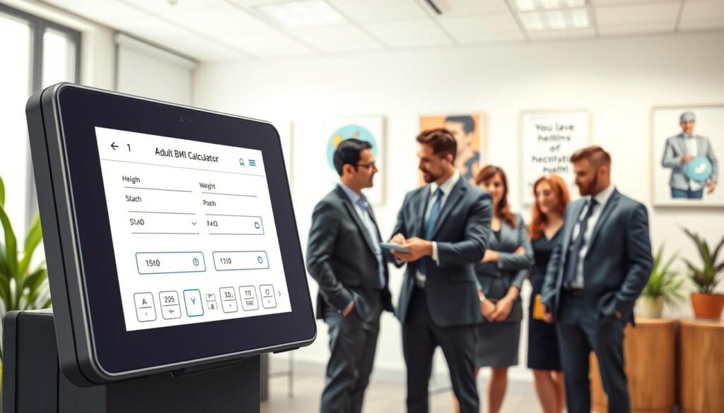 A sleek, modern adult BMI calculator interface displayed prominently in the foreground, featuring a digital screen with interactive inputs for height and weight. The screen emits a soft, glowing light, reflecting a high-tech, user-friendly design. In the middle ground, a diverse group of adults—dressed in professional business attire—are engaged in discussion, analyzing data on the calculator. In the background, a calming, well-lit office space with indoor plants and motivational health posters creates an inviting atmosphere. The lighting is bright yet soft, enhancing clarity and focus. The overall mood is one of professionalism and wellness, encouraging viewers to take charge of their health using the calculator.