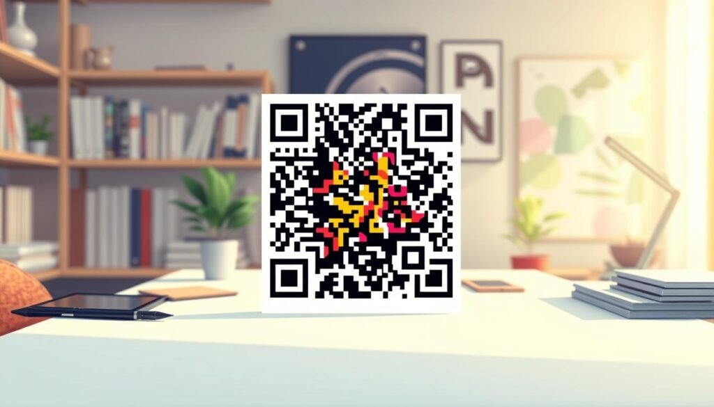 A sleek, modern custom-designed QR code takes center stage, displayed in the foreground. The code is intricately patterned, incorporating vibrant colors and unique shapes that reflect creativity and personalization. Surrounding it, a workspace is elegantly arranged, with design tools like a stylus, tablet, and color swatches visible in the middle ground, hinting at the creative process. In the background, soft-focus shelves filled with design books and inspirational posters create a professional atmosphere. The lighting is bright yet warm, casting gentle shadows that enhance the dynamic elements of the scene. The mood is inspiring and inviting, encouraging viewers to explore the art of QR code design tailored to their needs. The image is devoid of any text, speech bubbles, or watermarks, providing a clean visual focus. A sleek, modern custom-designed QR code takes center stage, displayed in the foreground. The code is intricately patterned, incorporating vibrant colors and unique shapes that reflect creativity and personalization. Surrounding it, a workspace is elegantly arranged, with design tools like a stylus, tablet, and color swatches visible in the middle ground, hinting at the creative process. In the background, soft-focus shelves filled with design books and inspirational posters create a professional atmosphere. The lighting is bright yet warm, casting gentle shadows that enhance the dynamic elements of the scene. The mood is inspiring and inviting, encouraging viewers to explore the art of QR code design tailored to their needs. The image is devoid of any text, speech bubbles, or watermarks, providing a clean visual focus.