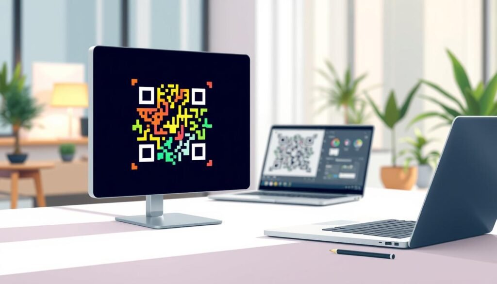 A sleek, modern visual representation of the QR code generation process. In the foreground, a digital screen displays a vibrant, dynamic QR code pattern being created, with colorful geometric shapes related to data flow woven around it. The middle ground features an elegant workspace with minimalistic tools, like a laptop and design software, emphasizing a user-friendly experience. The background consists of a blurred office setting, decorated with plants and soft lighting that creates a calm, inviting atmosphere. Use a warm, natural light to highlight the scene, reflecting professionalism. The image should convey innovation and simplicity, resonating with the significance of QR codes in today’s digital world, without any text or distracting elements. A sleek, modern visual representation of the QR code generation process. In the foreground, a digital screen displays a vibrant, dynamic QR code pattern being created, with colorful geometric shapes related to data flow woven around it. The middle ground features an elegant workspace with minimalistic tools, like a laptop and design software, emphasizing a user-friendly experience. The background consists of a blurred office setting, decorated with plants and soft lighting that creates a calm, inviting atmosphere. Use a warm, natural light to highlight the scene, reflecting professionalism. The image should convey innovation and simplicity, resonating with the significance of QR codes in today’s digital world, without any text or distracting elements.